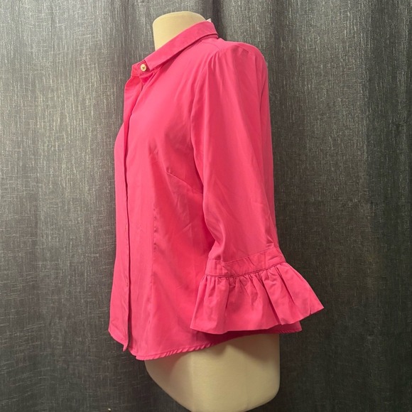 Gretchen Scott‎ Bright Hot Pink Button Down Shirt Ruffle Sleeve (Large) - Picture 5 of 8